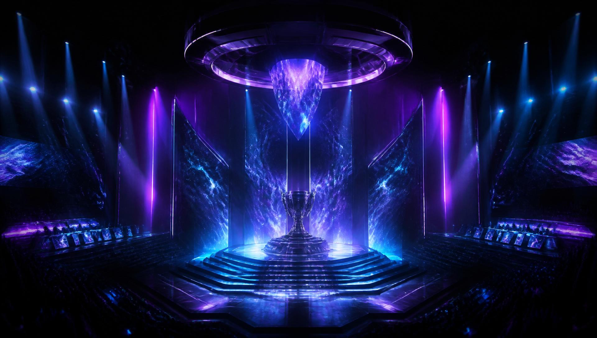 Neon-lit esports arena with a championship trophy on a holographic stage